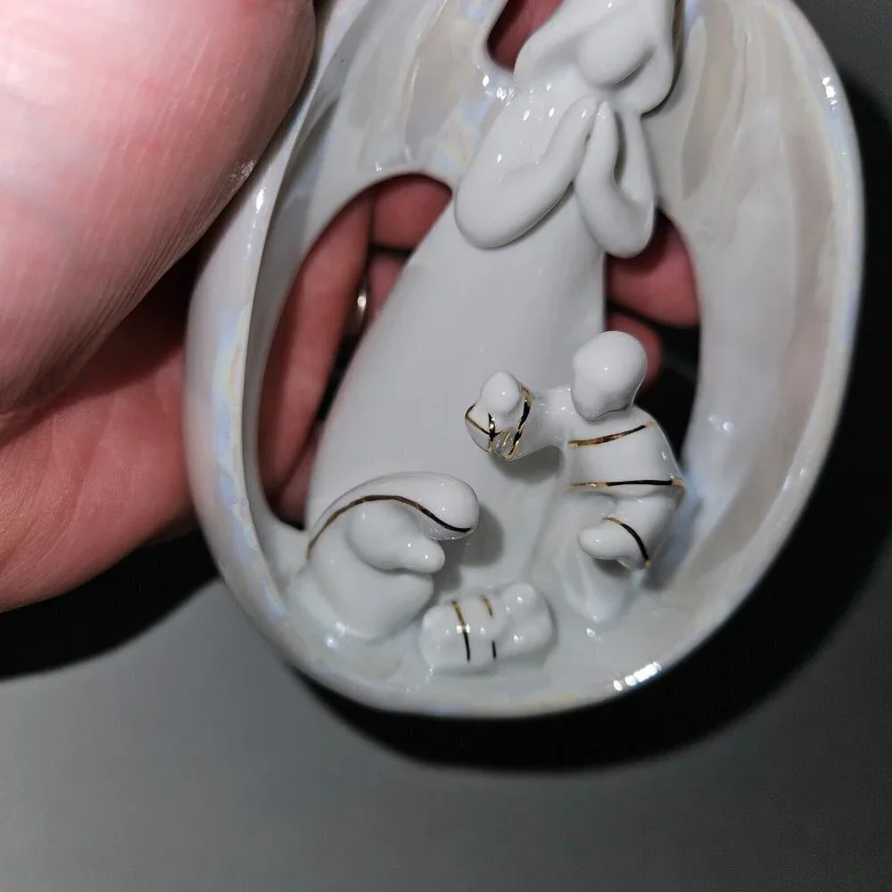 Appletree Design Angel & Holy Family Ornament Porcelain Gold Nativity Jesus Mary